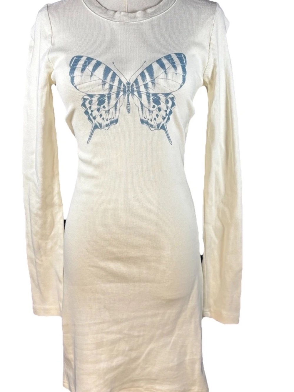 Forever 21 Cream Long Sleeve Dress with Blue Butterfly Graphic